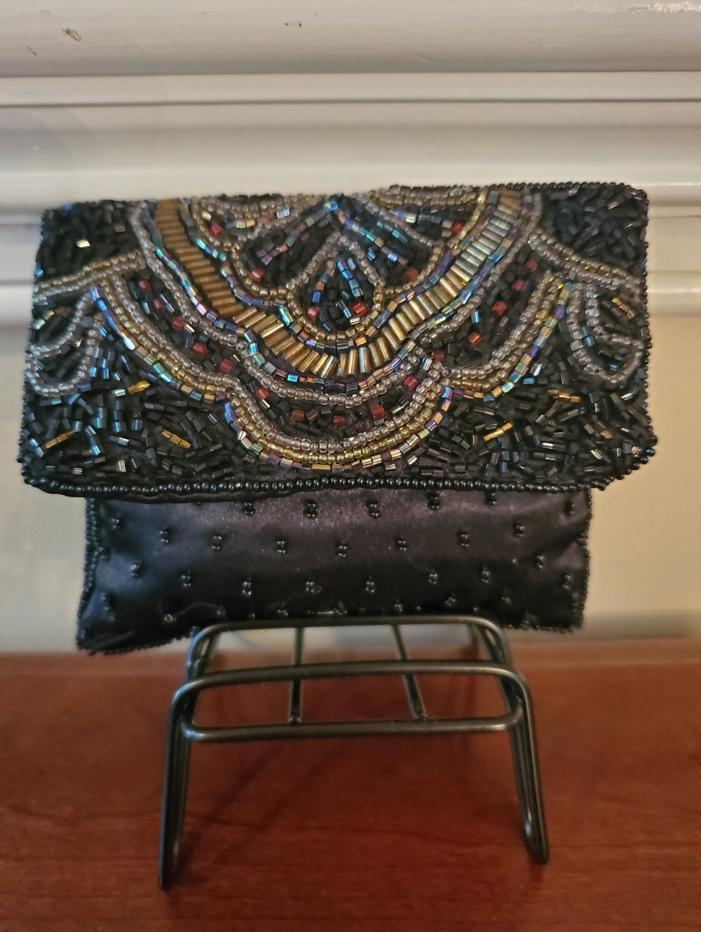STUNNING Art Deco Black & Multi-Color Beaded Evening Clutch